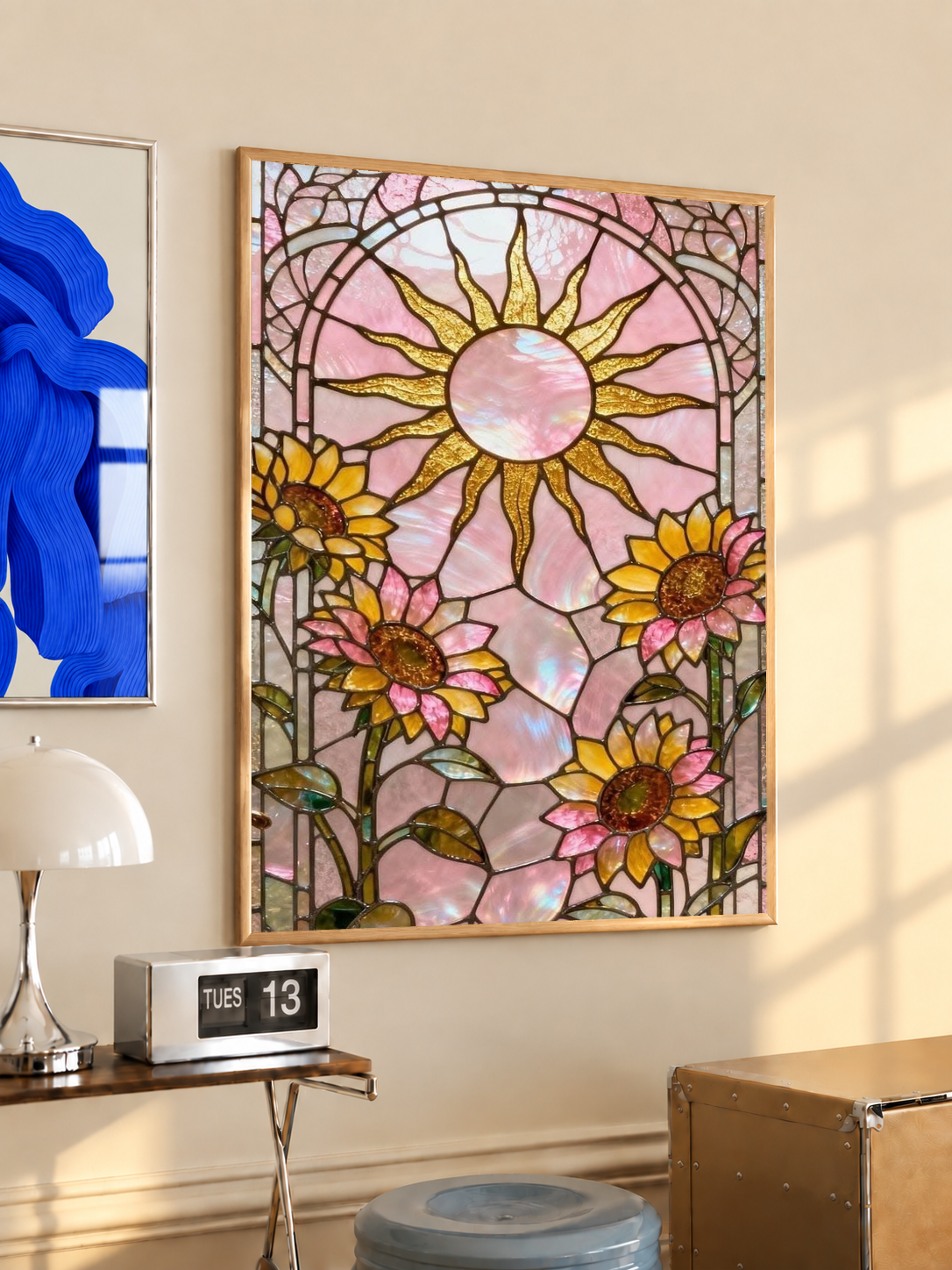 Stained glass-inspired sun poster with pink center, yellow rays, and blooming flowers