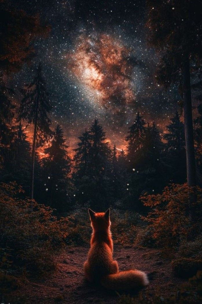 Fox sitting in night forest poster beneath bright starry galaxy