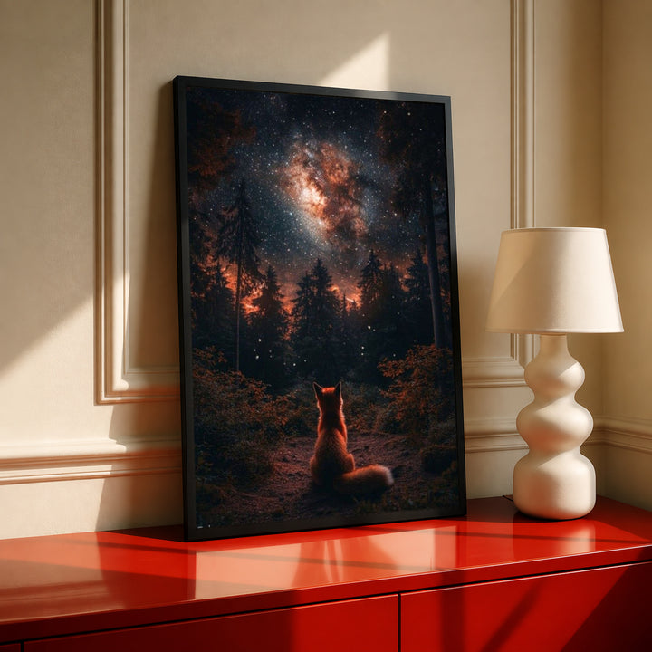 Black-framed night forest poster with fox silhouette under Milky Way glow