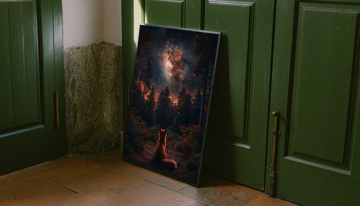 Black-framed fox forest poster leaning beside green doors under starry sky