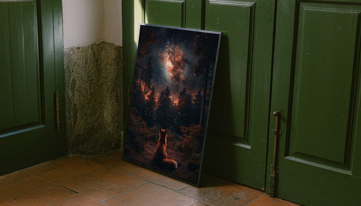 Black-framed fox forest poster leaning beside green doors under starry sky