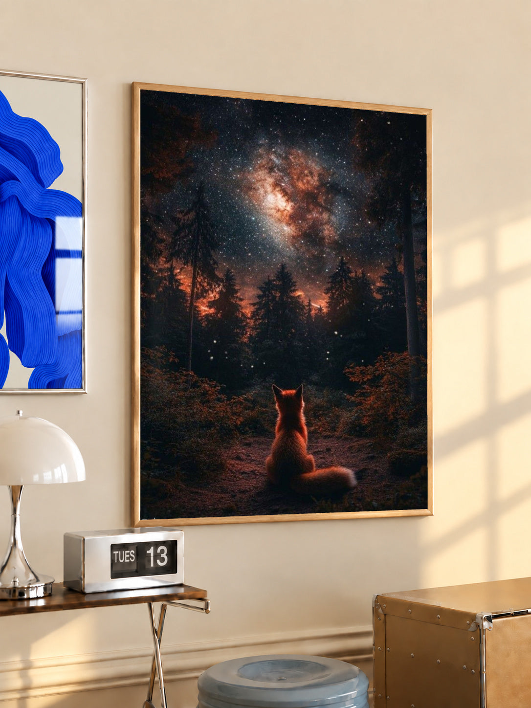 Black-framed fox in night forest poster with glowing galaxy sky