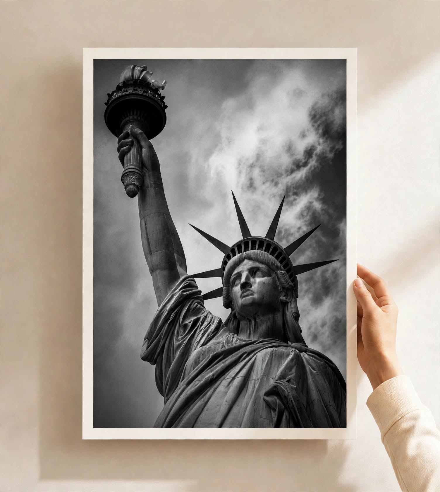 Statue of Liberty Art Print with monochrome landmark photography and dramatic cloud details