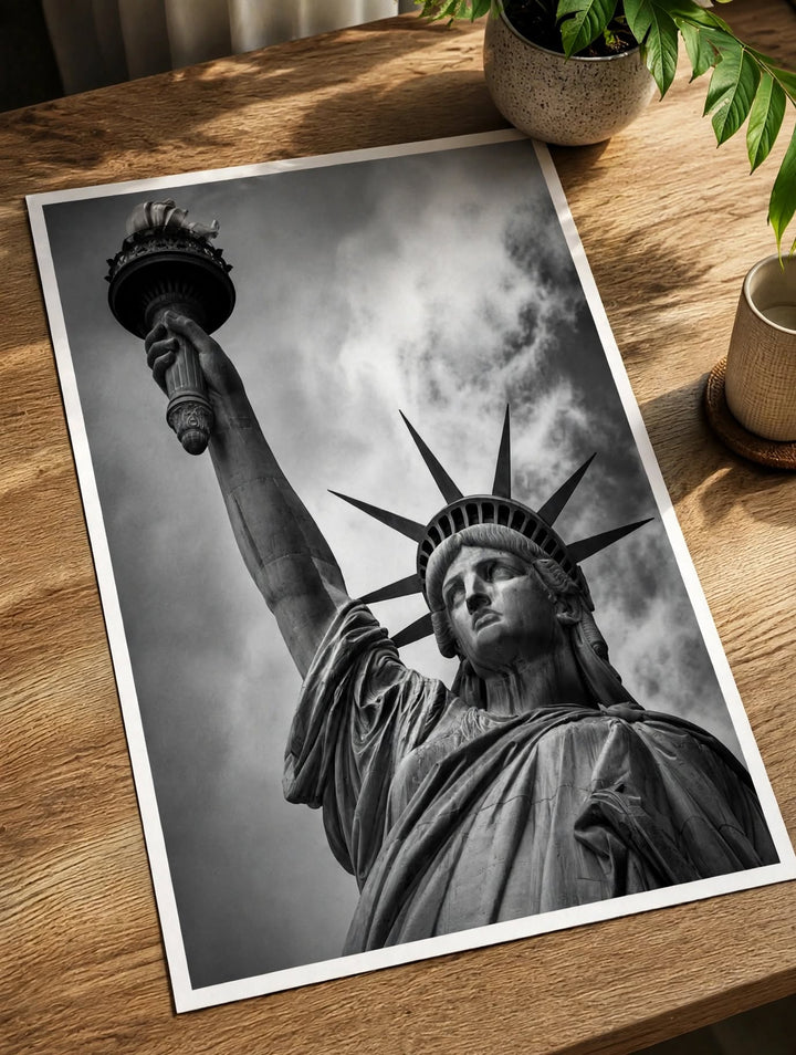 Statue of Liberty Art Print with detailed monochrome photography and a striking upward perspective