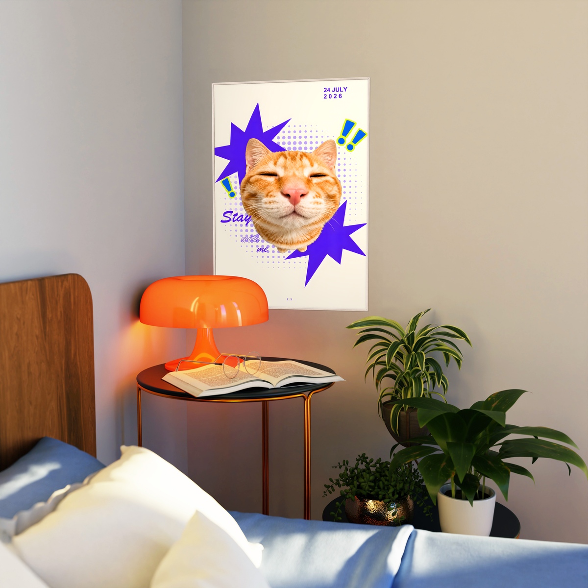 Smiling orange tabby cat with purple stars and Stay With Me lettering; artwork styled in a living room