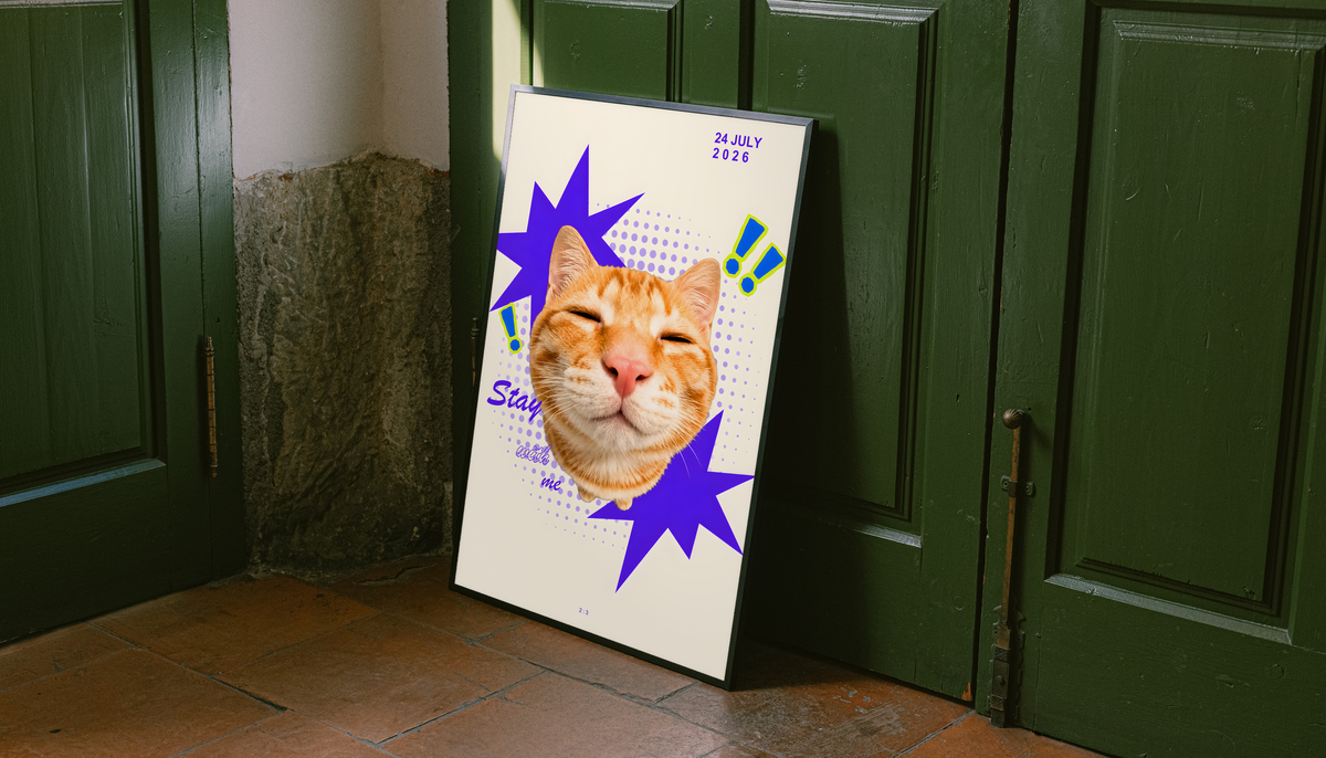 Smiling orange tabby cat with purple stars and Stay With Me lettering; unframed canvas styled by a green doorway