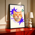 Smiling orange tabby cat with purple stars and Stay With Me lettering; black framed print on a red cabinet