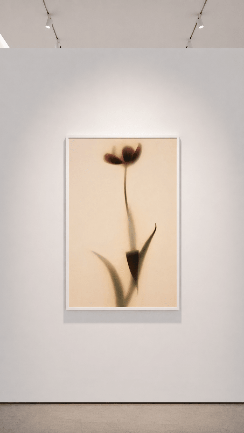 Small framed flower print with two dark blossoms and stems on light beige