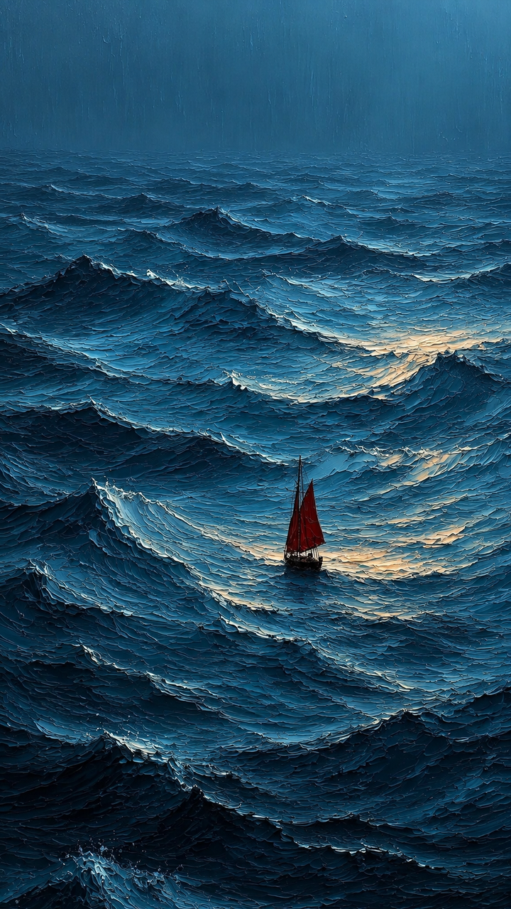 Red sailboat crossing layered dark blue ocean waves