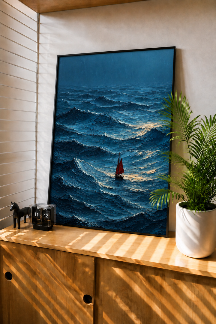Storm sea red sailboat art print styled in a modern interior
