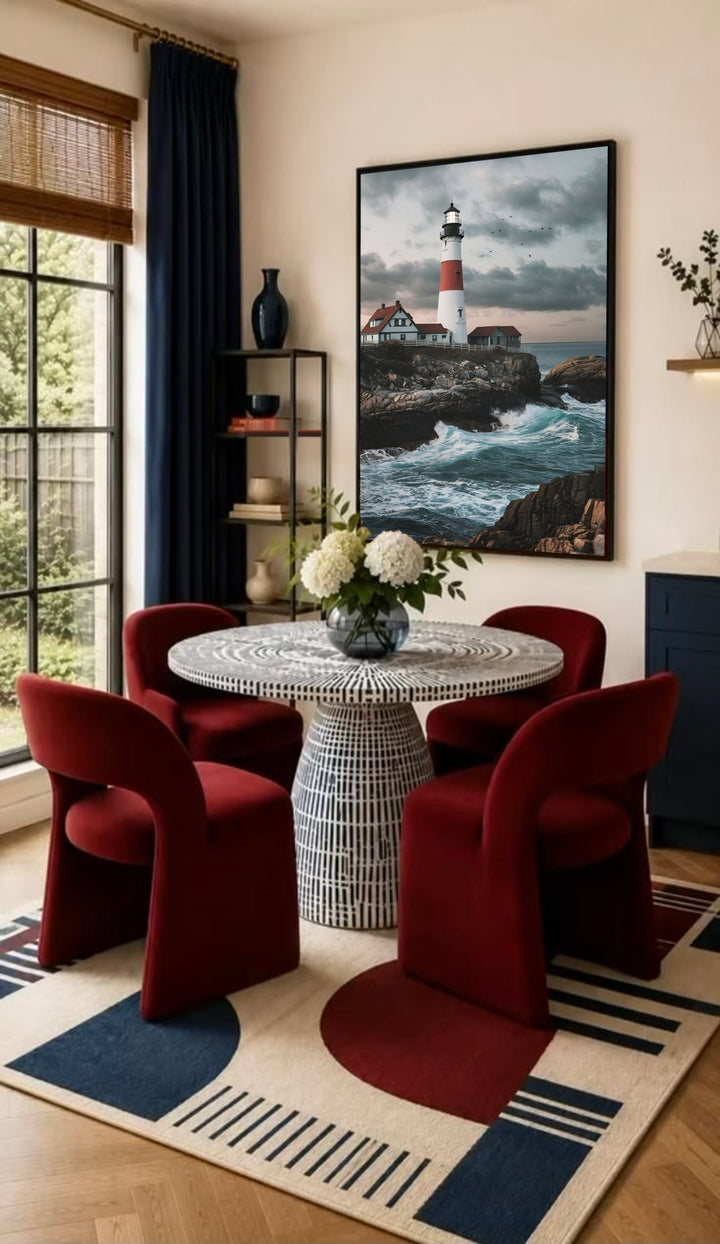 Framed lighthouse wall art showing a red tower, stormy sky, and choppy waves