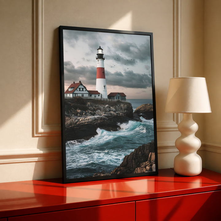 Framed lighthouse wall art with red-and-white tower over rocky turquoise waves