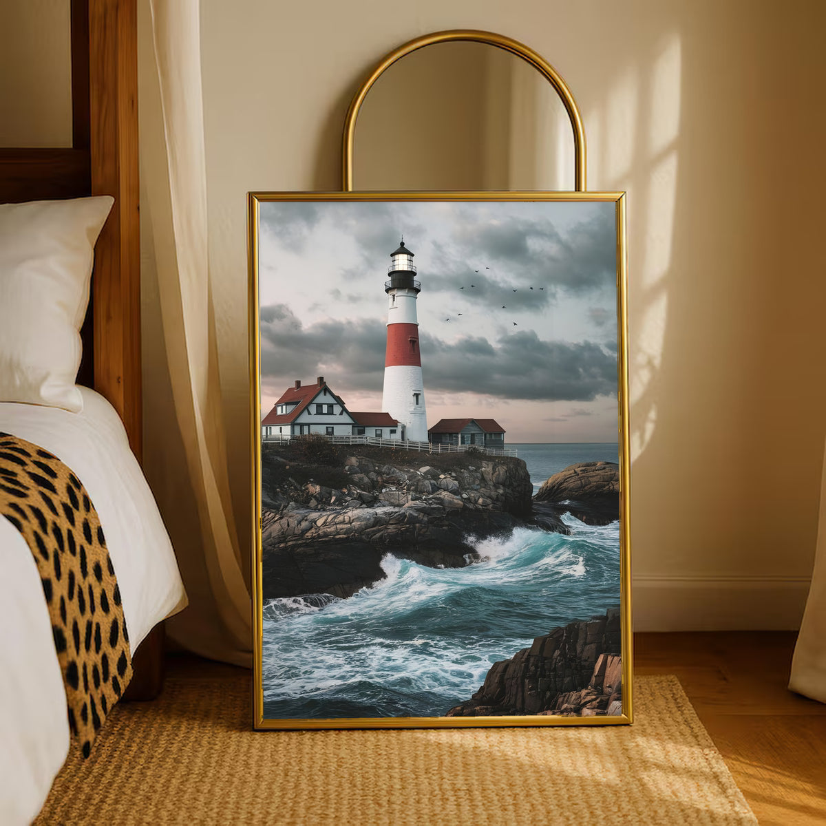 Gold-framed lighthouse print with red tower and turquoise waves on a rocky shoreline