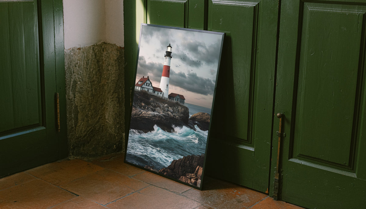 Framed lighthouse wall art with red tower, storm clouds, and turquoise ocean waves