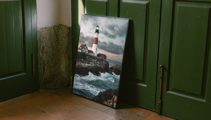 Framed lighthouse wall art with red tower, storm clouds, and turquoise ocean waves