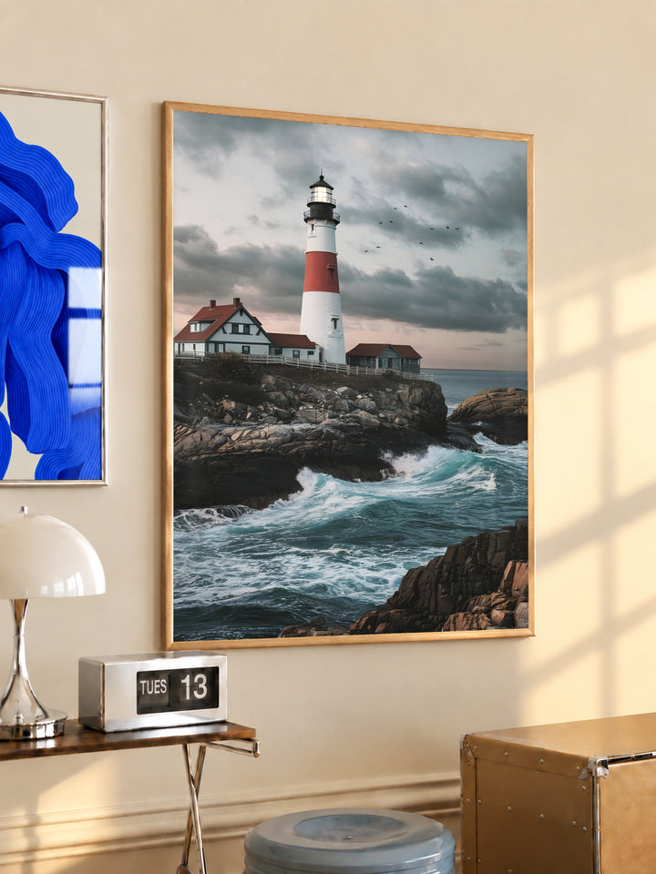 Framed lighthouse wall art with red-and-white tower and stormy sea over rocks
