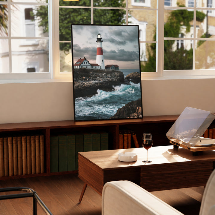 Framed lighthouse print featuring red tower, rocks, and blue-green ocean waves