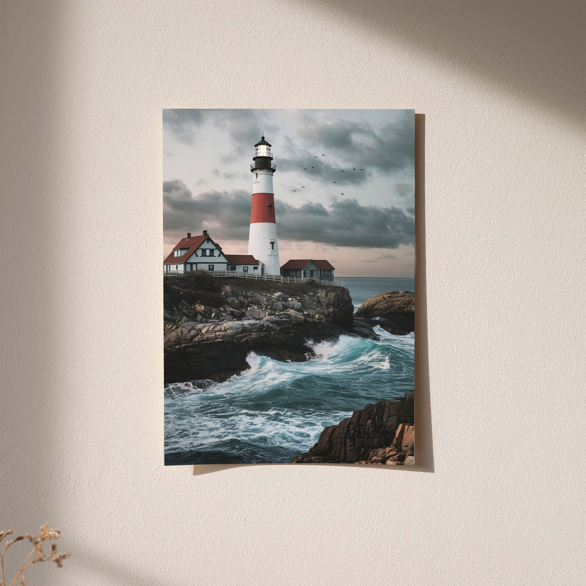 Lighthouse print on light border with red tower, rocky coast, and ocean waves