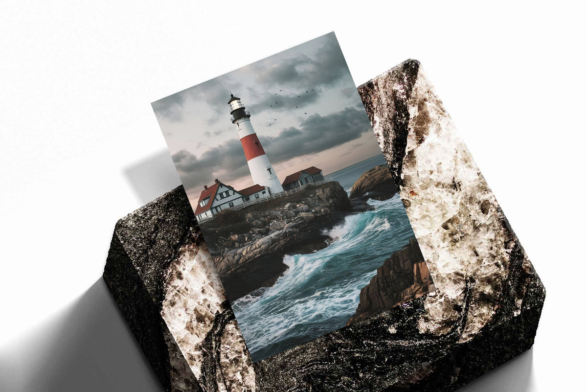 Stacked canvas prints with red-and-white lighthouse, rocky coast, and blue-green waves