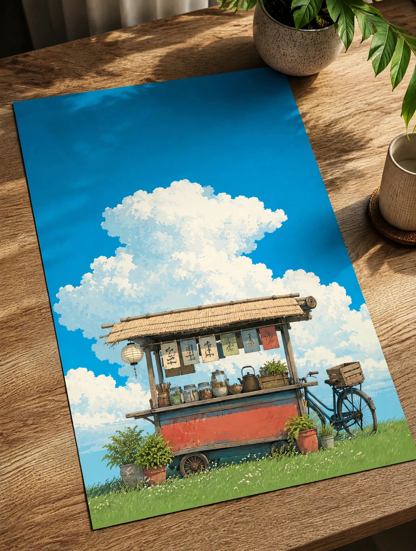 Japanese food truck art print poster with blue sky and souvenir cart under white clouds