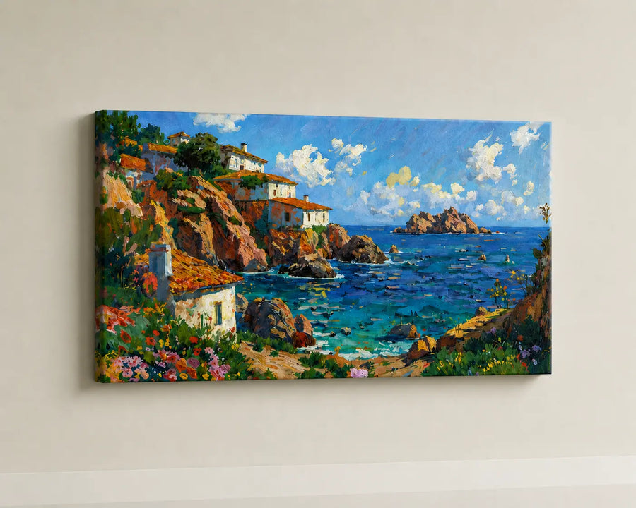 Arte mural de paisaje costero en lienzo tensado con océano azul intenso y casas en el acantilado