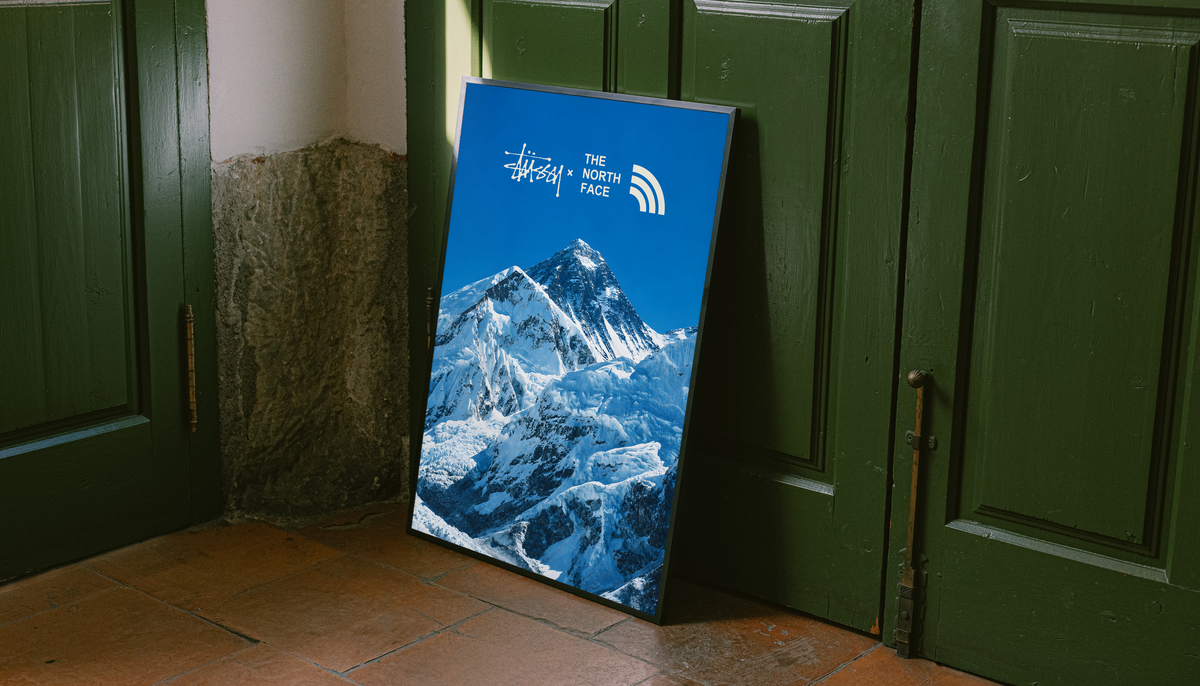 Blue snowy mountain landscape with Stussy and The North Face marks; unframed canvas styled by a green doorway