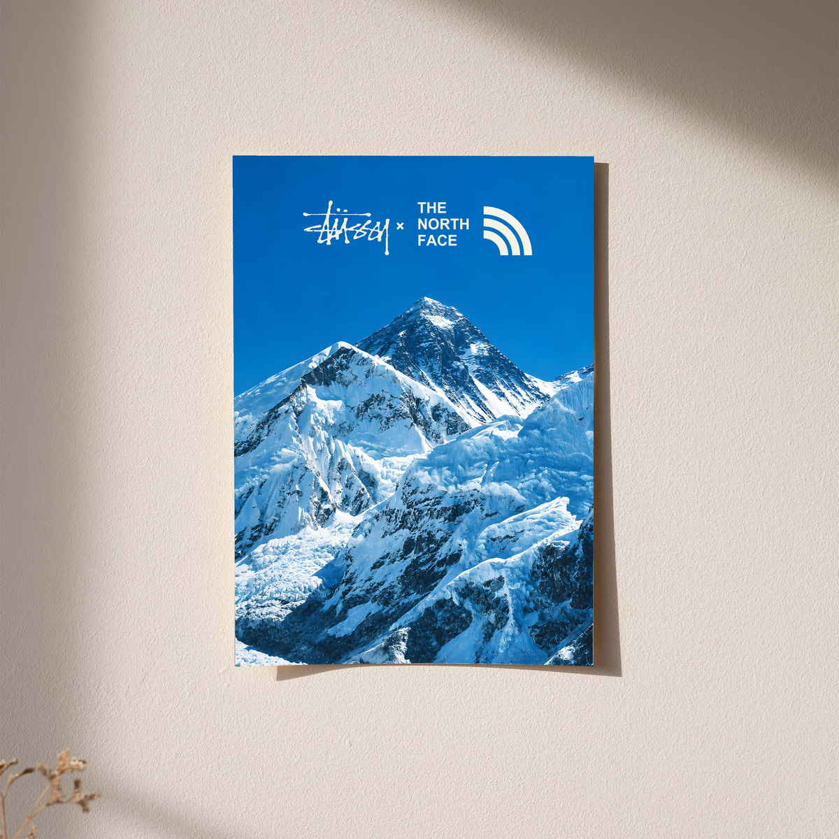 Blue snowy mountain landscape with Stussy and The North Face marks; unframed print on a wall
