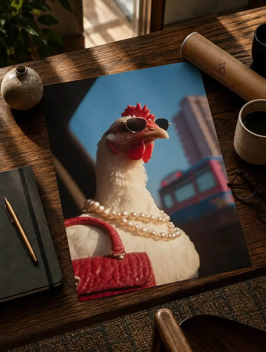 Framed chicken wall art print with sunglasses, pearls, and red handbag