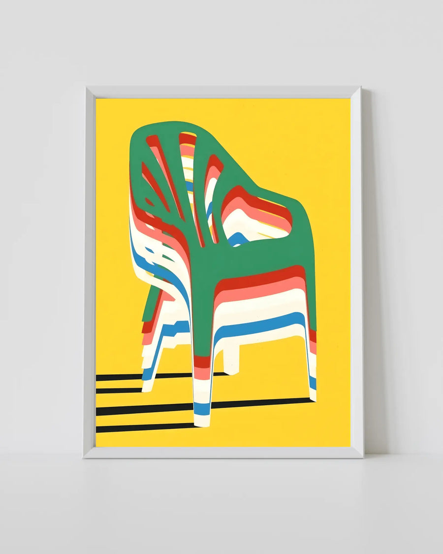 Framed wall print con ilustración de silla colorida sobre fondo amarillo