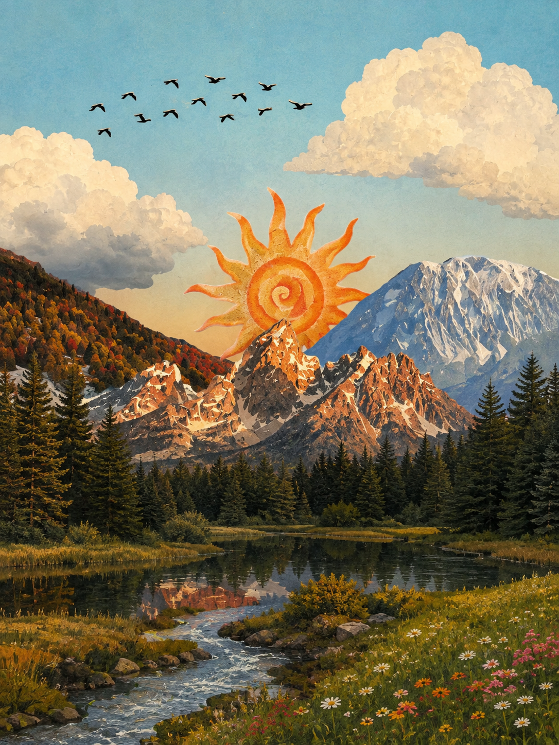 Orange sun above a mountain valley with river and birds