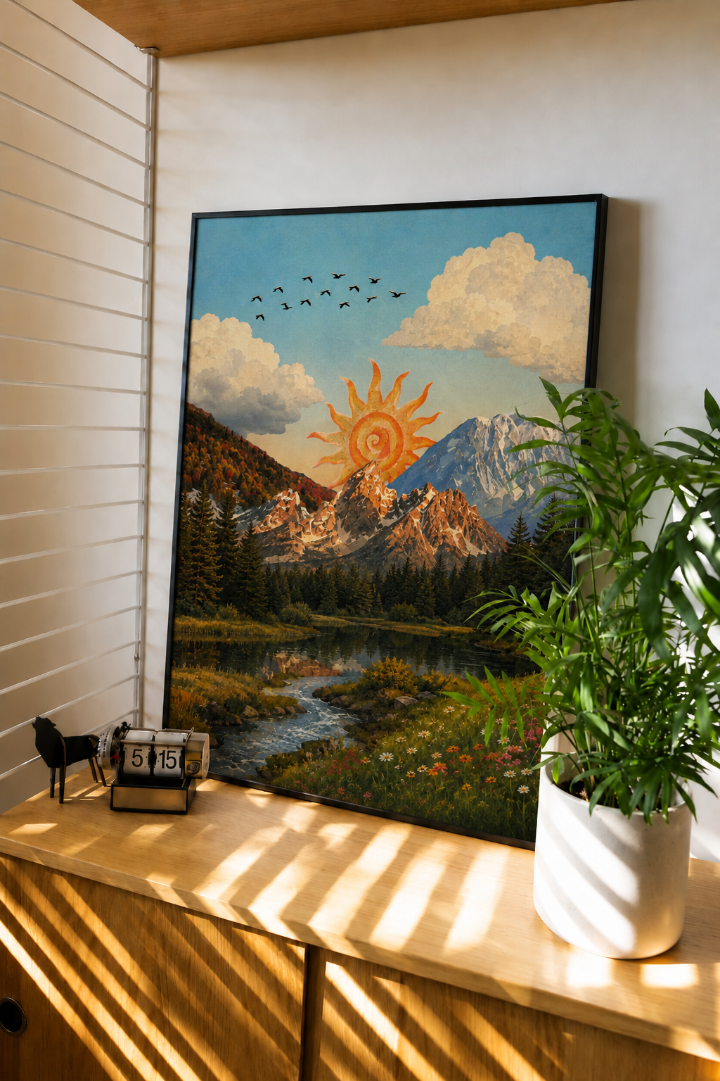 Sun over mountain valley art print styled in a warm interior