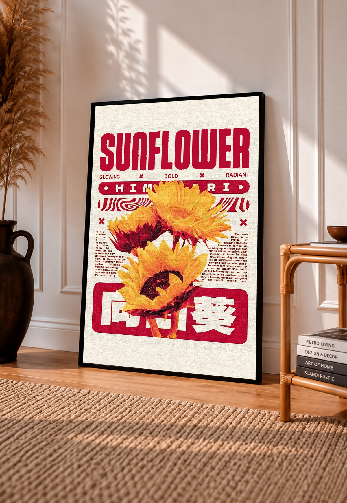 Sunflower wall poster with yellow flowers and bold red text, in a black frame.