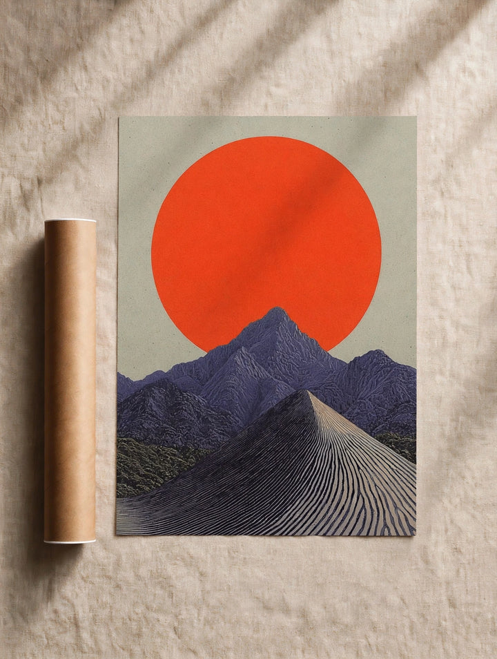 Mountain landscape poster with red sun, dark blue peaks, and striped desert path