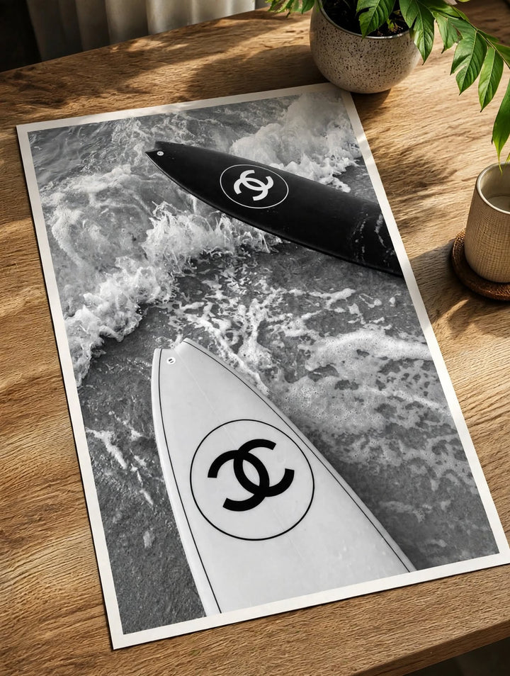 Surfboard Art Print capturing surf culture through an artistic aerial perspective of waves and water