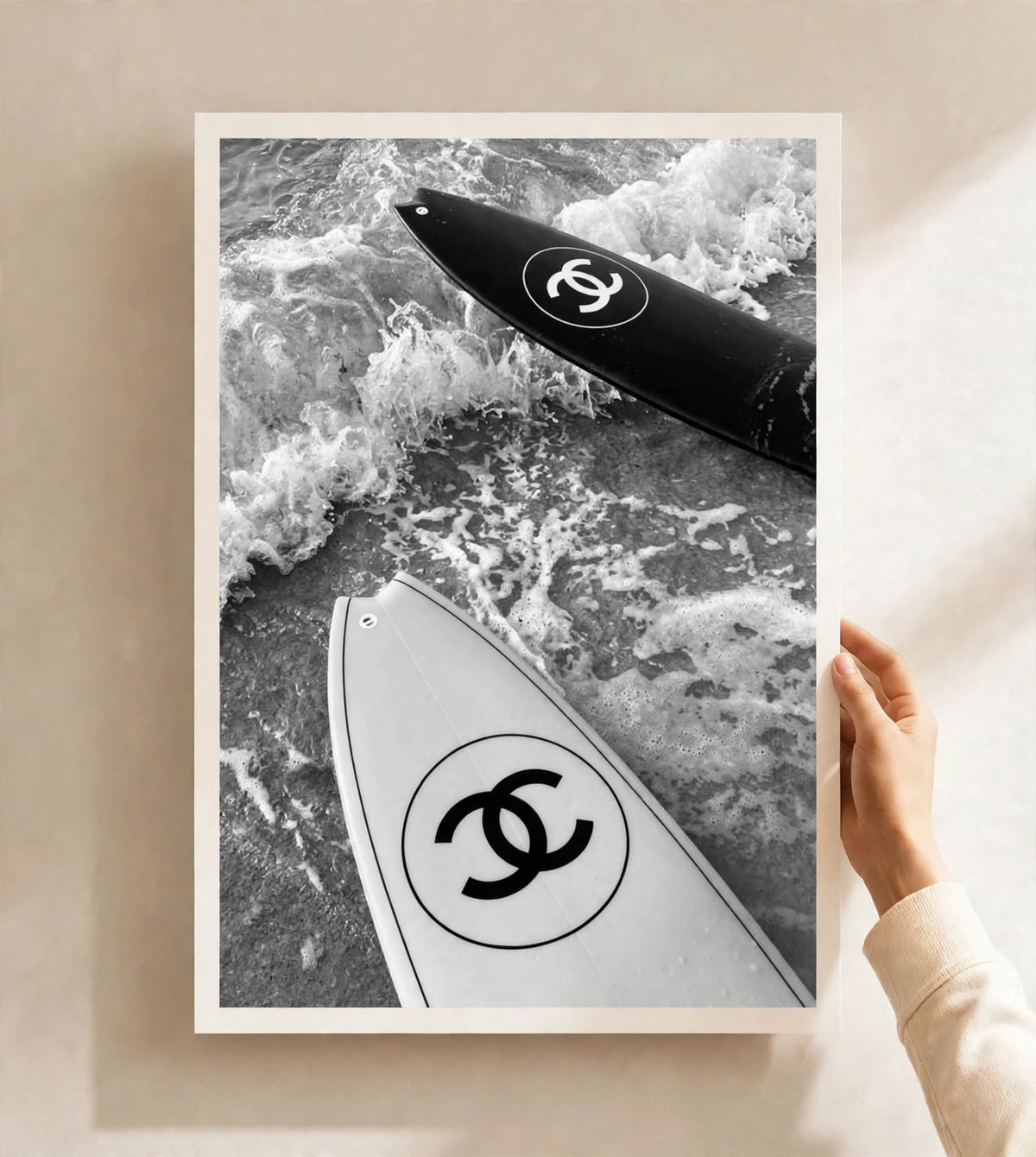 Surfboard Art Print highlighting the contrast between a sleek board and naturally moving ocean water