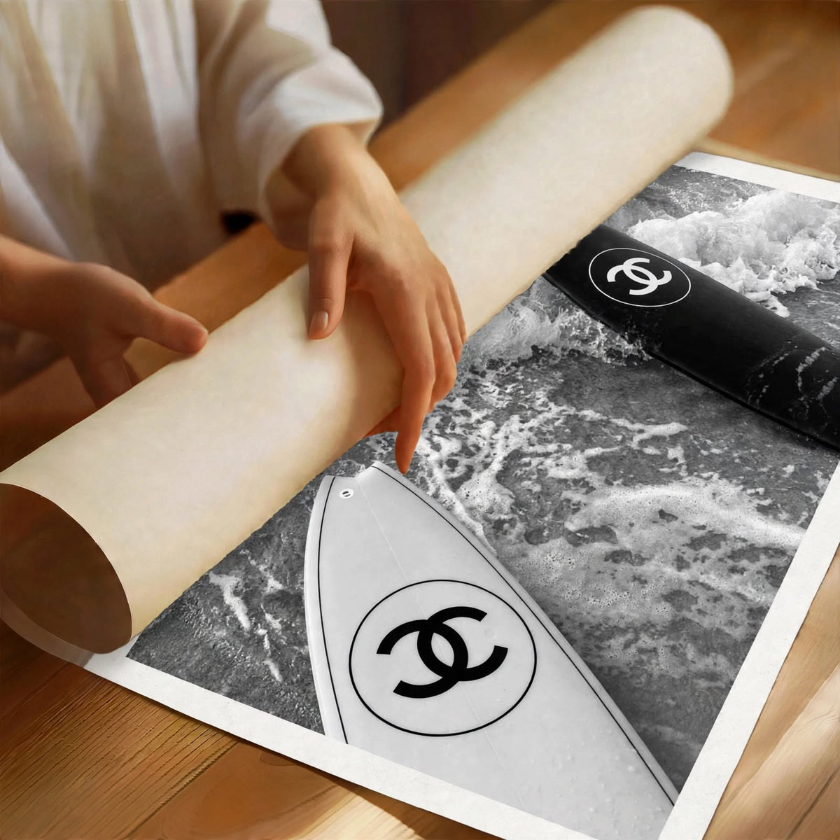 Surfboard Art Print styled as black and white coastal wall decor for a relaxed contemporary space