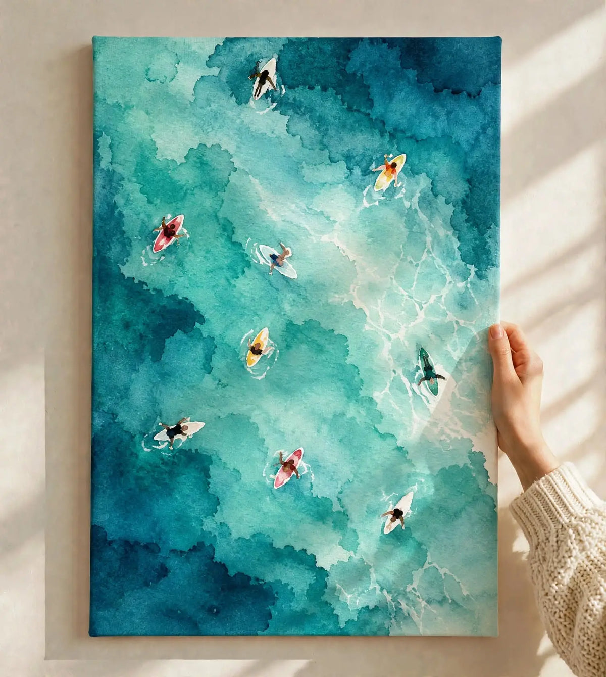 Turquoise watercolor pool art print poster showing seabirds over teal wave texture.