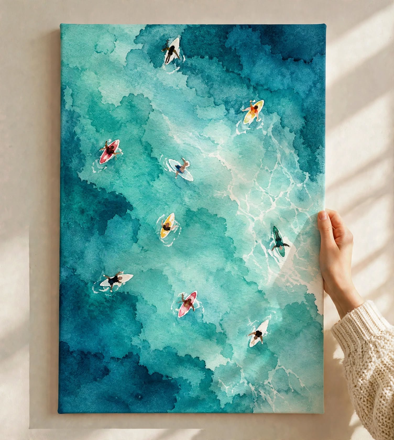 Turquoise Watercolor Pool Art Print held against a bright wall with natural sunlight across the aquatic artwork