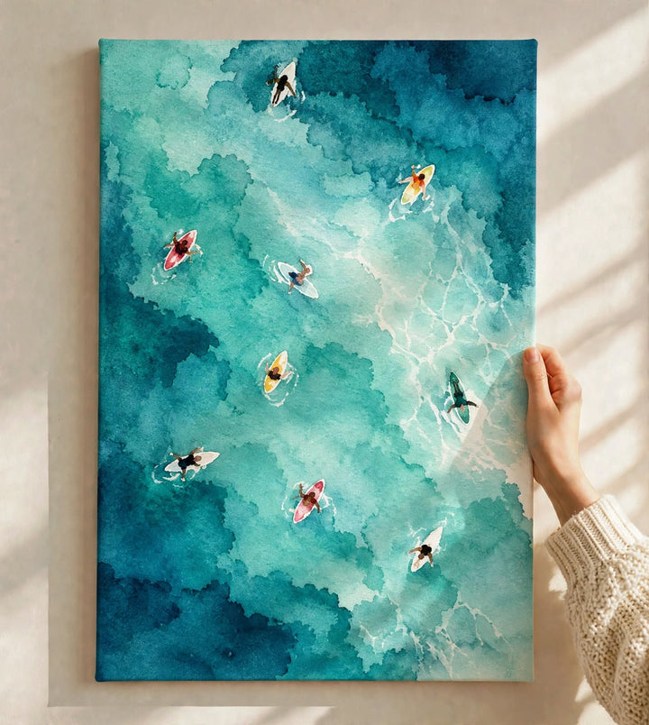 Turquoise Watercolor Pool Art Print held against a bright wall with natural sunlight across the aquatic artwork