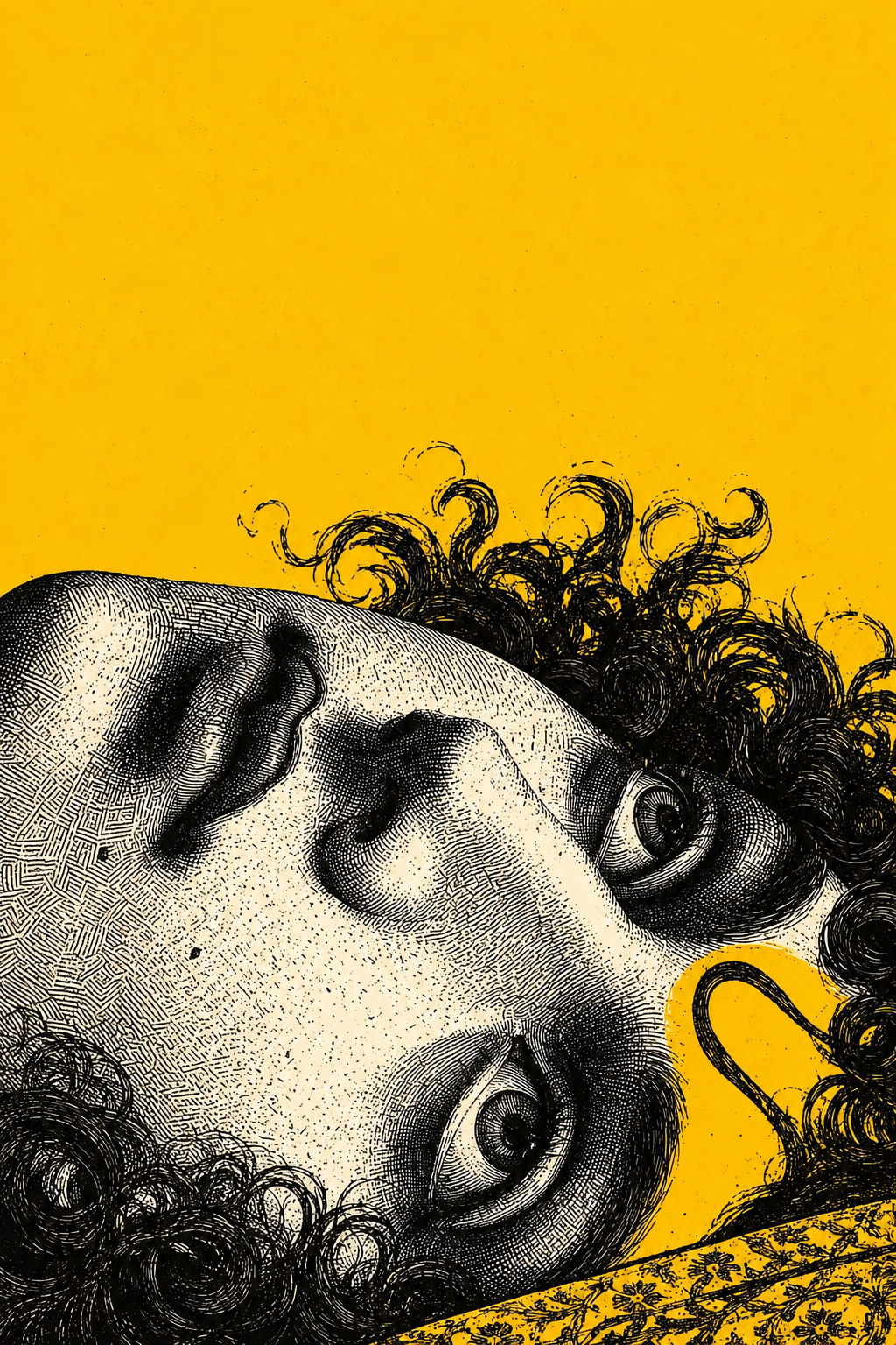 Surreal classical face wall art poster with mustard yellow background and black curls