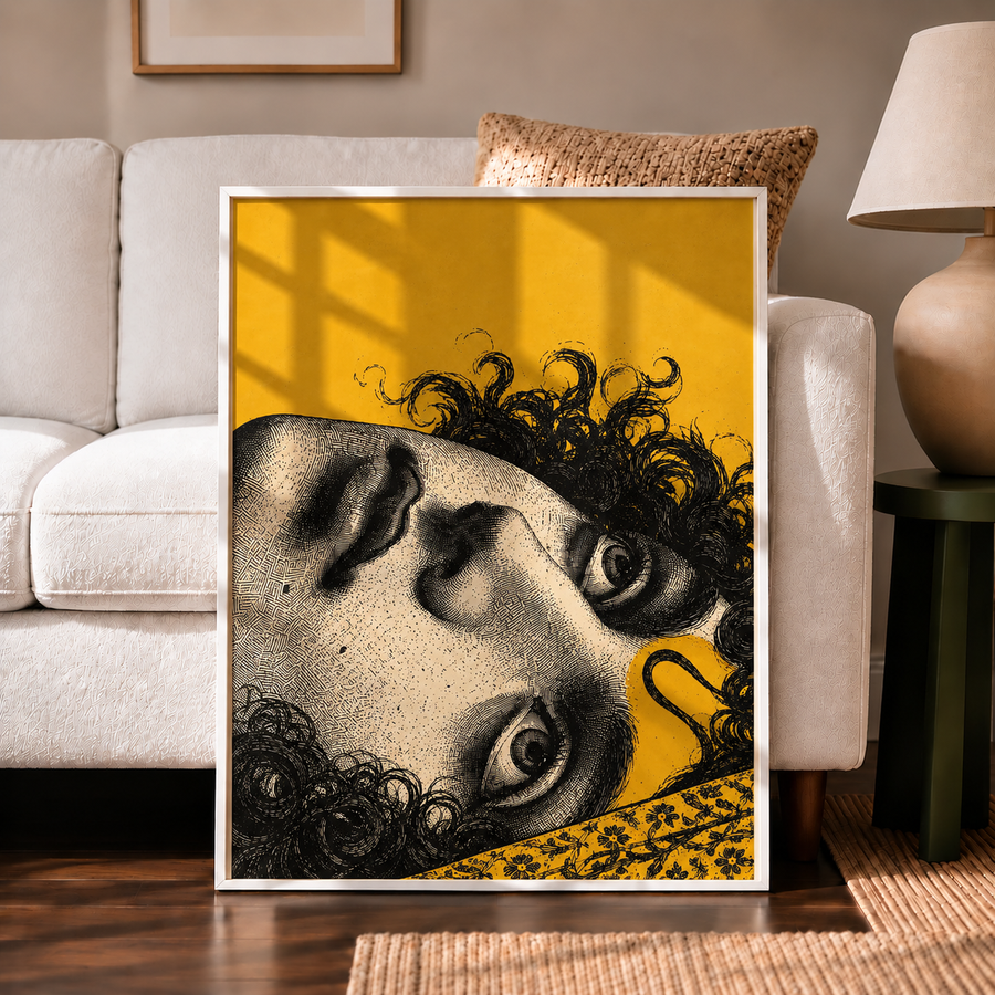 Surreal classical face wall art displayed in a modern neutral interior