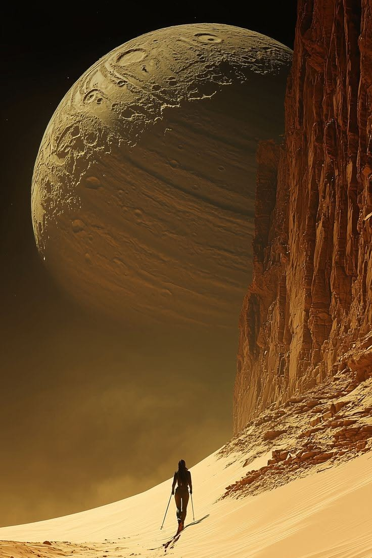 Desert planet poster print with large planet sphere, rocky cliff, and lone traveler walking.