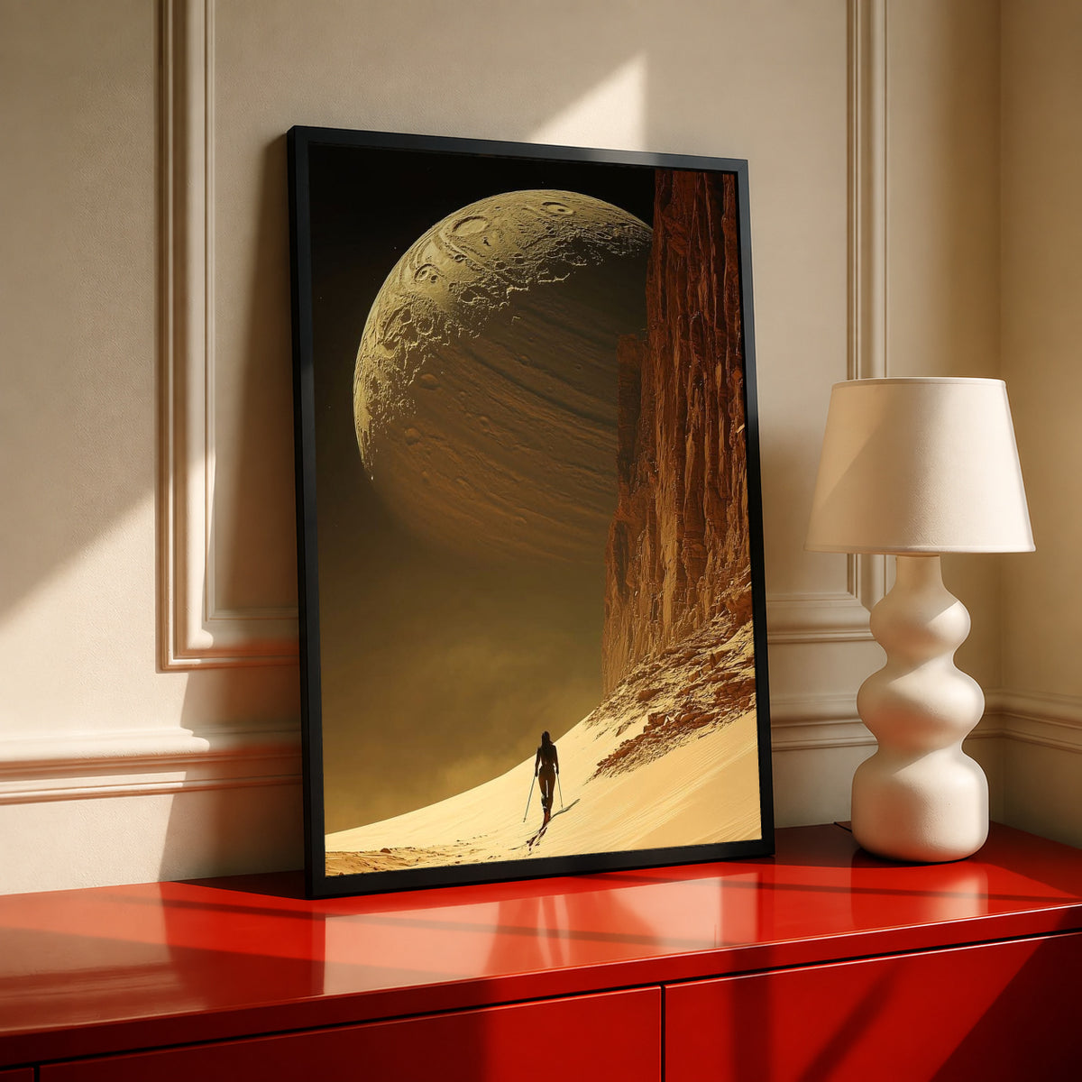 Black-framed desert planet poster featuring planet sphere, sandy slope, and lone traveler.