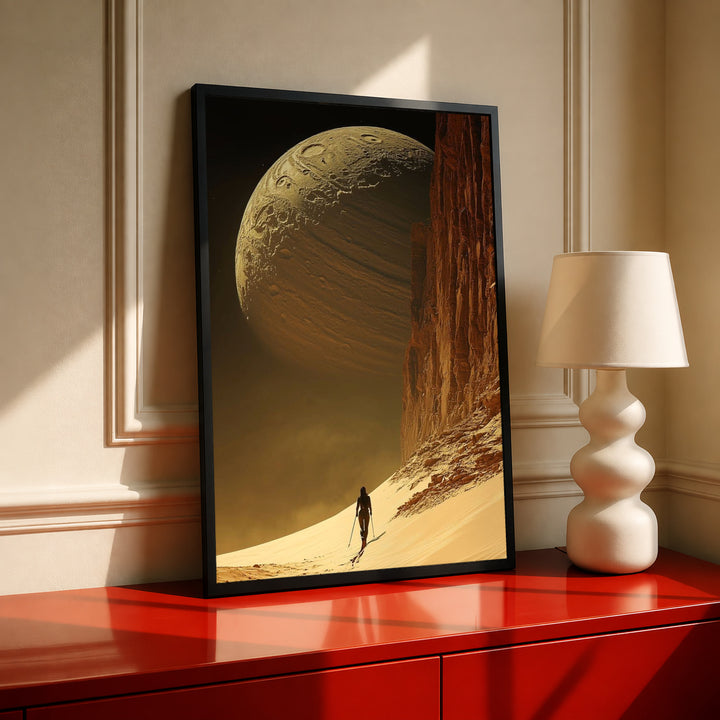 Black-framed desert planet poster featuring planet sphere, sandy slope, and lone traveler.