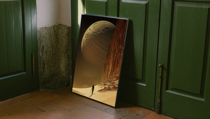 Framed desert planet poster with planet sphere, sandy incline, and lone traveler by cliff.