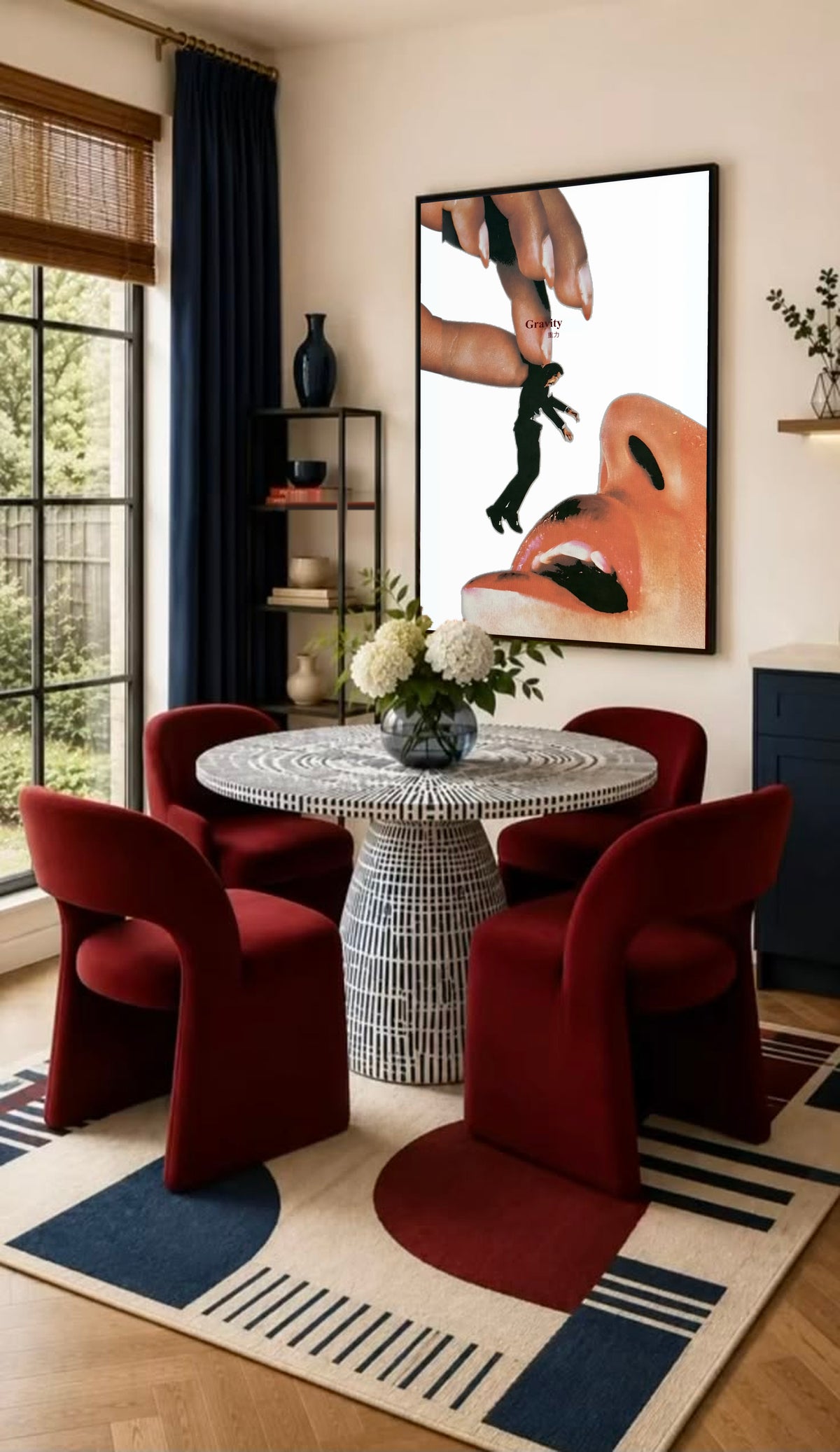 Framed surreal collage poster with giant hand holding a miniature man over an open mouth