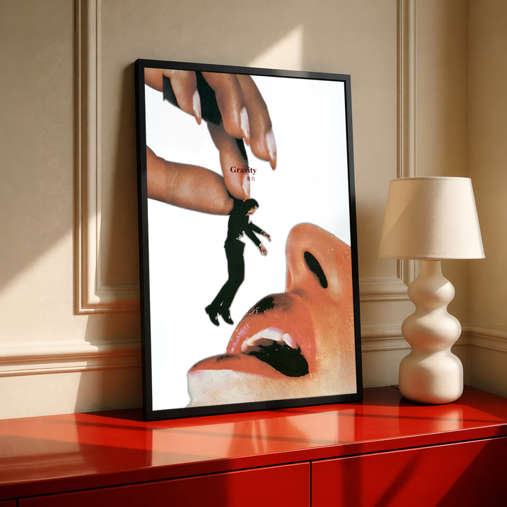 Black-framed surreal collage poster with giant hand, tiny person, and open mouth design