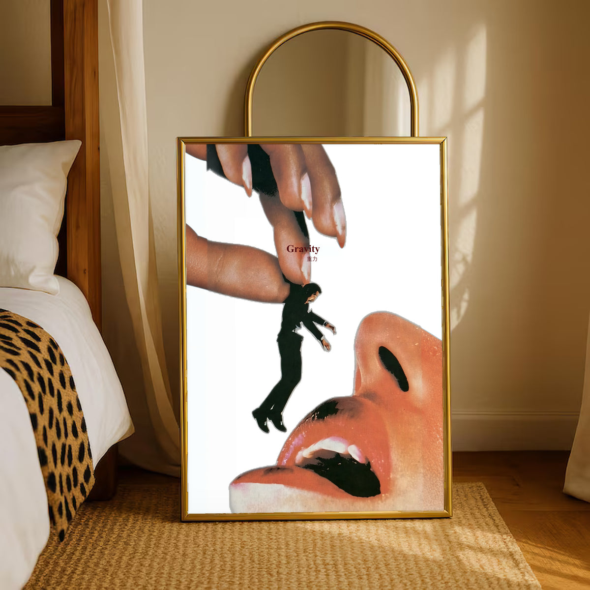 Gold-framed surreal mouth collage poster with giant hand, miniature figure, and open mouth