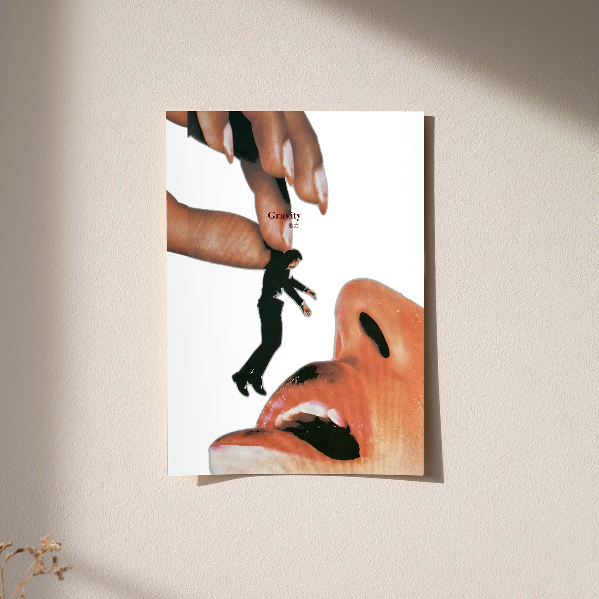 Framed surreal collage poster with giant hand, miniature figure, and open mouth graphic