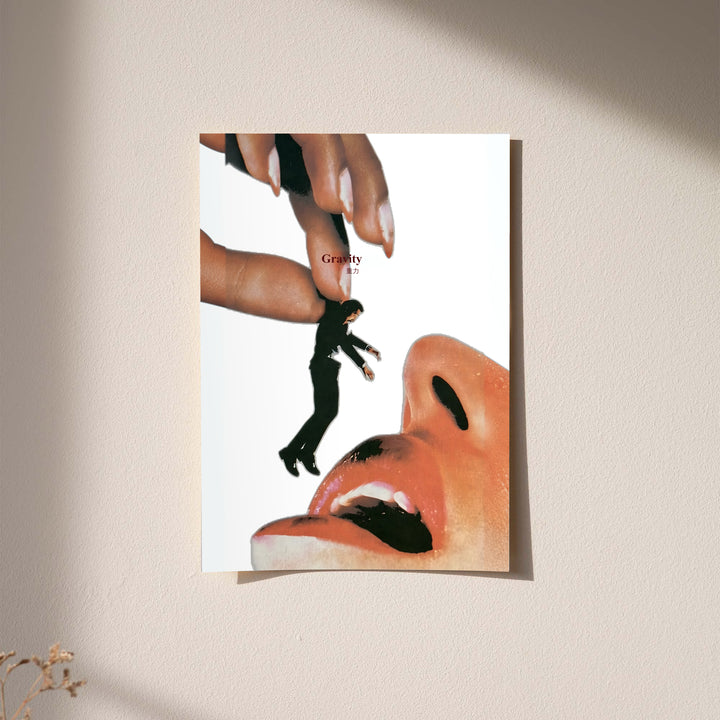 Framed surreal collage poster with giant hand, miniature figure, and open mouth graphic